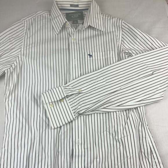 Abercrombie & Fitch Muscle Mens Large White Striped Button Up Long Sleeve - Picture 1 of 11